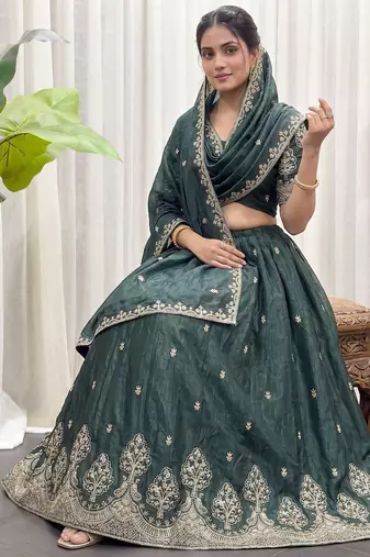 Navratri Special Bottle Green Silk Embroidered Lehenga Choli with Dupatta