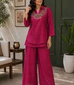 rani pink color beads and siquence work silk blend salwar suit 