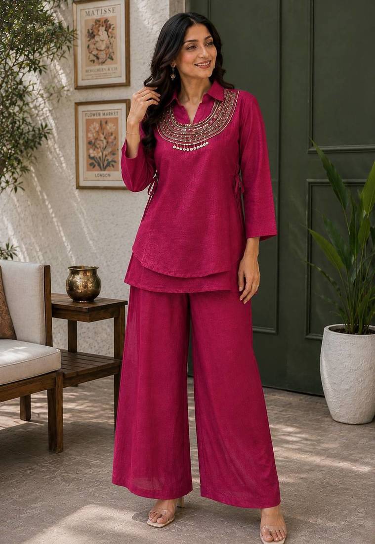 rani pink color beads and siquence work silk blend salwar suit 
