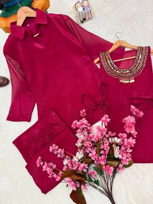 rani pink color beads and siquence work silk blend salwar suit  4