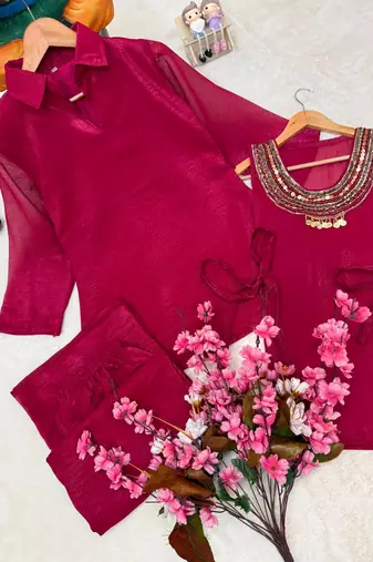 rani pink color beads and siquence work silk blend salwar suit 