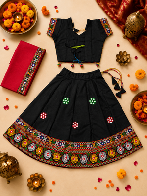 Black kutch work embroidered cotton mirrorwork chaniya choli set with dupatta 2