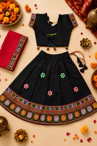 Black kutch work embroidered cotton mirrorwork chaniya choli set with dupatta