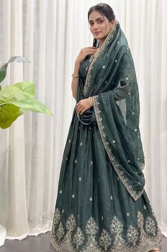 Navratri Special Bottle Green Silk Embroidered Lehenga Choli with Dupatta