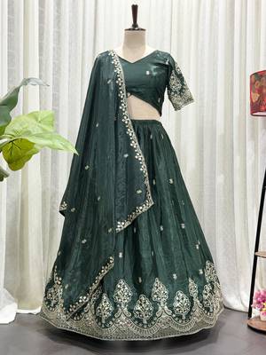 Navratri Special Bottle Green Silk Embroidered Lehenga Choli with Dupatta 4