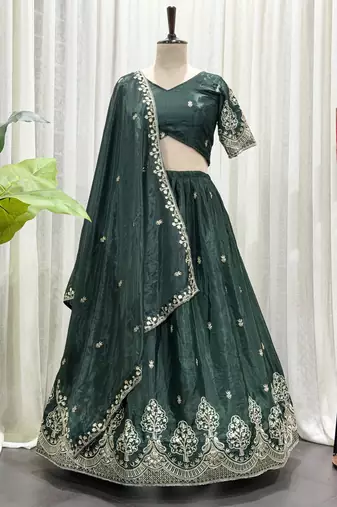 Navratri Special Bottle Green Silk Embroidered Lehenga Choli with Dupatta