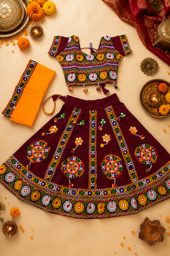 Maroon kutch work embroidered cotton mirrorwork chaniya choli set with dupatta