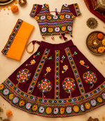 Maroon kutch work embroidered cotton mirrorwork chaniya choli set with dupatta