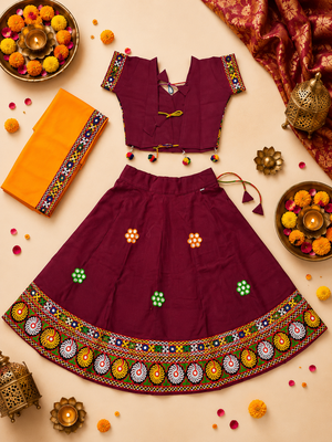 Maroon kutch work embroidered cotton mirrorwork chaniya choli set with dupatta 2