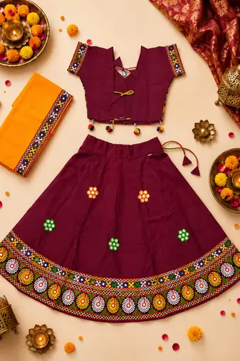Maroon kutch work embroidered cotton mirrorwork chaniya choli set with dupatta