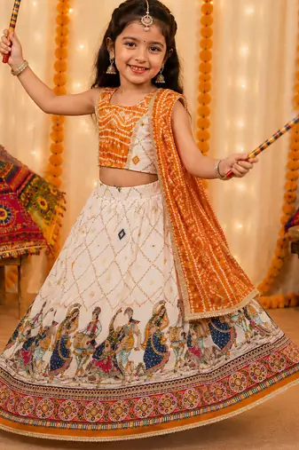Yellow rayon cotton printed chaniya choli for navratri for kid