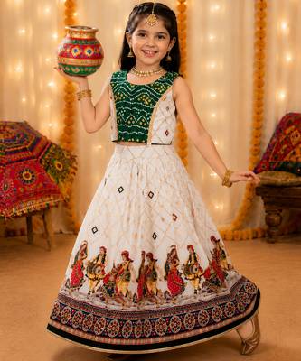 Green rayon cotton printed chaniya choli for navratri for kid 1