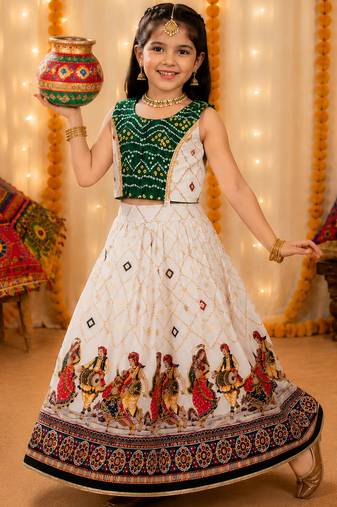Green rayon cotton printed chaniya choli for navratri for kid
