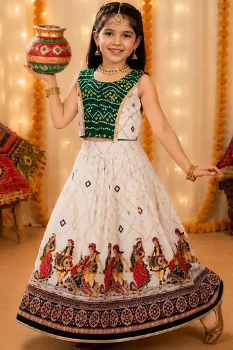 Green rayon cotton printed chaniya choli for navratri for kid