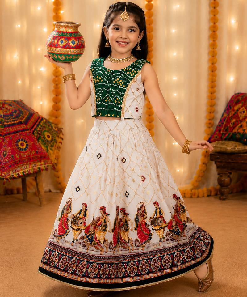 Green rayon cotton printed chaniya choli for navratri for kid