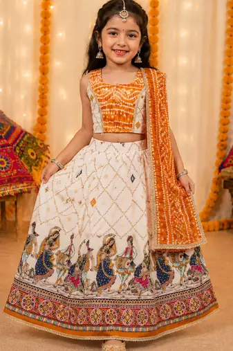 Yellow rayon cotton printed chaniya choli for navratri for kid