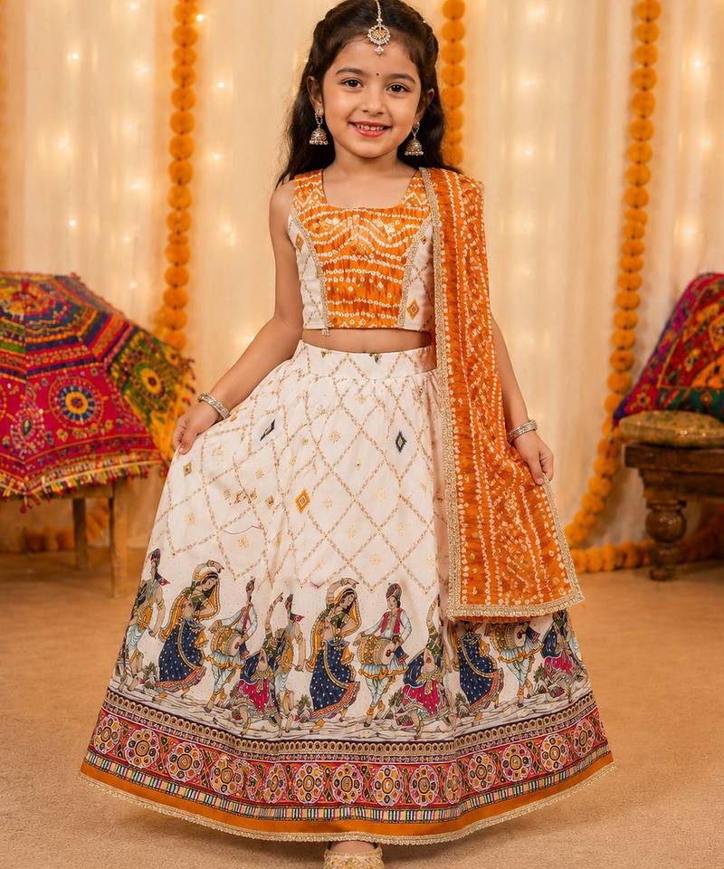 Yellow rayon cotton printed chaniya choli for navratri for kid