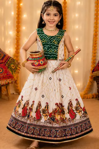 Green rayon cotton printed chaniya choli for navratri for kid