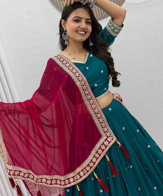 Teal Blue Embroidery Thread & Sequence work Faux Georgette Navratri Lahenga Choli Set 2
