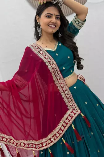 Teal Blue Embroidery Thread & Sequence work Faux Georgette Navratri Lahenga Choli Set