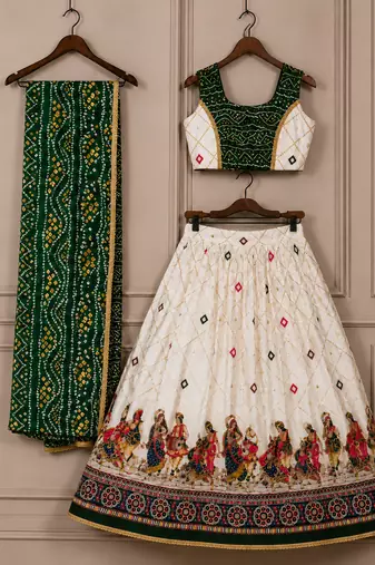 Green rayon cotton printed chaniya choli for navratri for kid