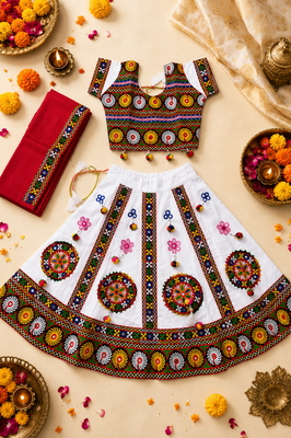 White kutch work embroidered cotton mirrorwork chaniya choli set with dupatta 1