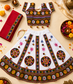 White kutch work embroidered cotton mirrorwork chaniya choli set with dupatta