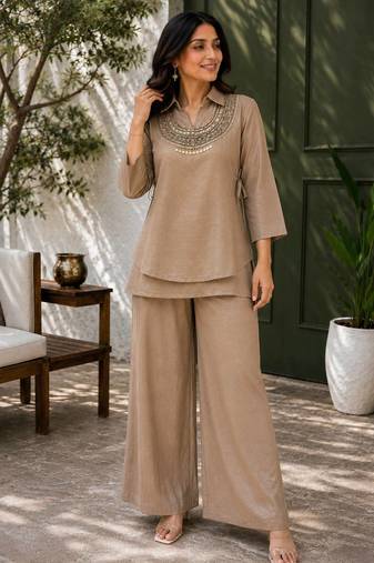 cream color beads and siquence work silk blend salwar suit 