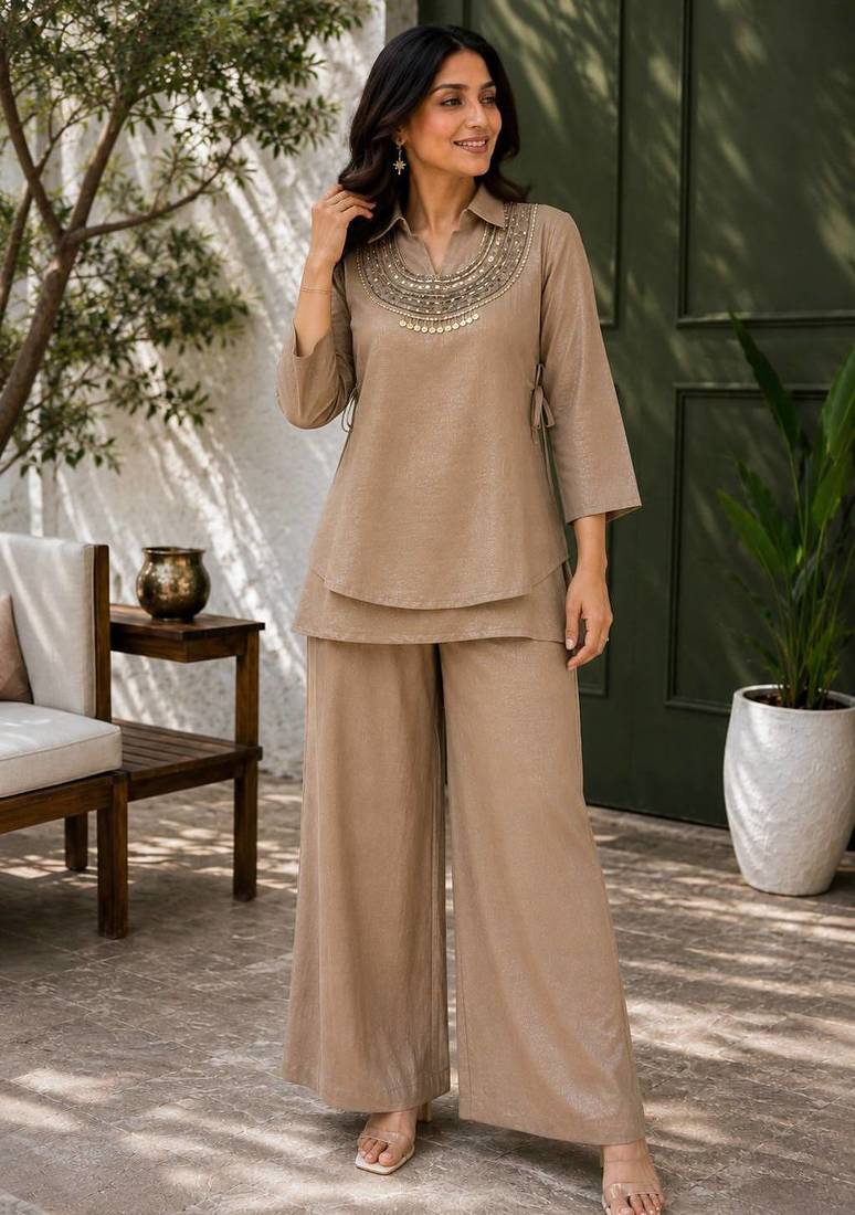 cream color beads and siquence work silk blend salwar suit 