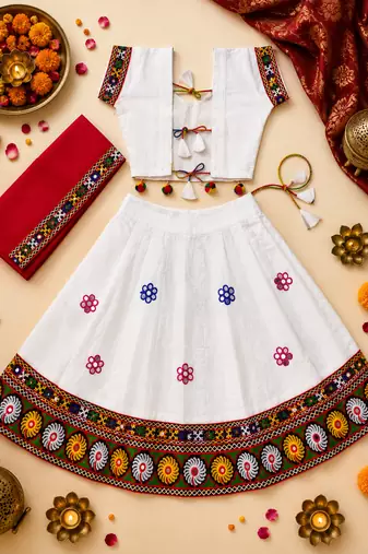White kutch work embroidered cotton mirrorwork chaniya choli set with dupatta