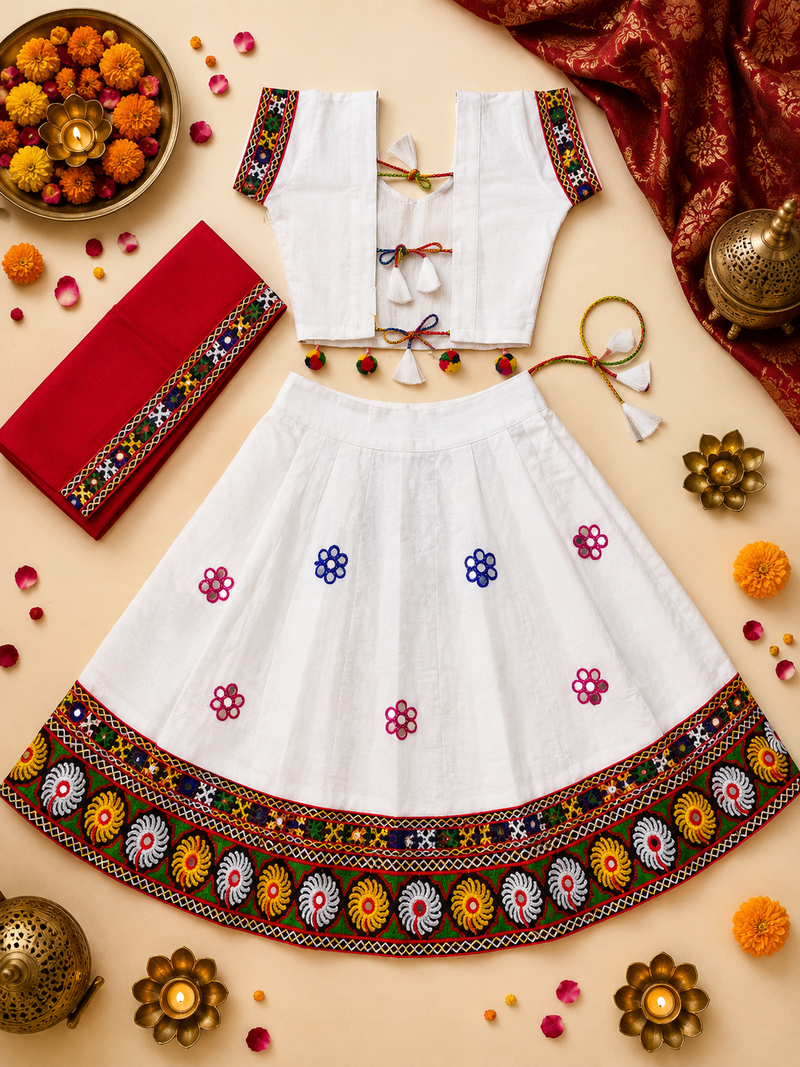 White kutch work embroidered cotton mirrorwork chaniya choli set with dupatta