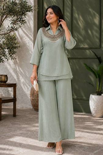 gray color beads and siquence work silk blend salwar suit 
