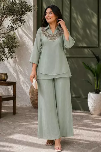 gray color beads and siquence work silk blend salwar suit 