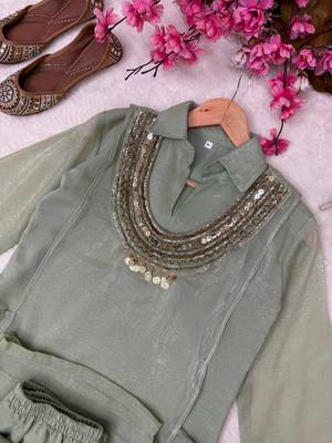 gray color beads and siquence work silk blend salwar suit  2