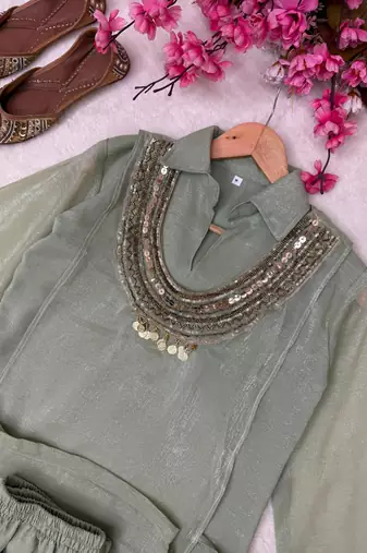 gray color beads and siquence work silk blend salwar suit 