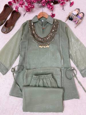 gray color beads and siquence work silk blend salwar suit  3