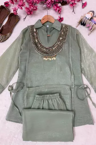gray color beads and siquence work silk blend salwar suit 