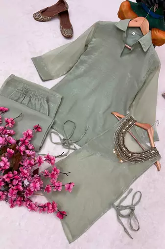 gray color beads and siquence work silk blend salwar suit 