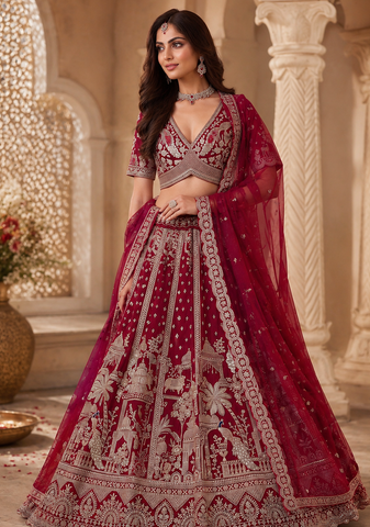 maroon color Multi thread Embroidery Dori Work with Zari Sequins silk blend Lehenga Choli set