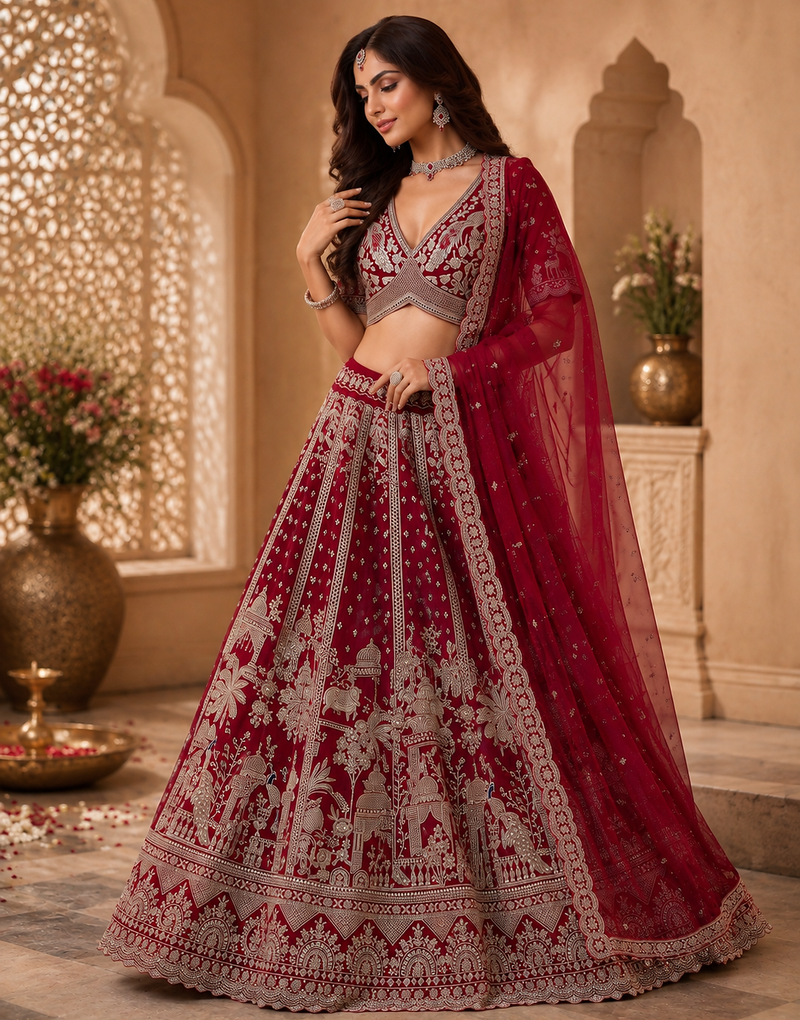 maroon color Multi thread Embroidery Dori Work with Zari Sequins silk blend Lehenga Choli set