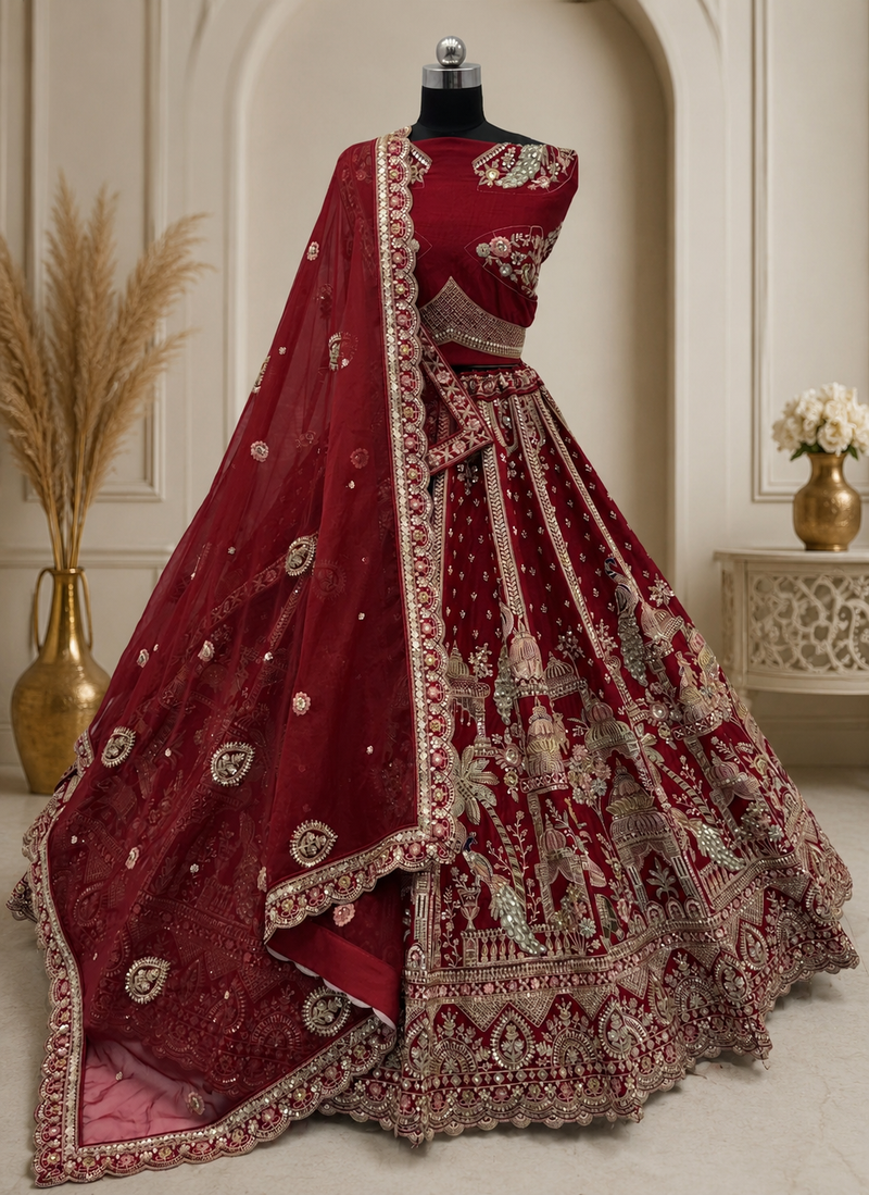 maroon color Multi thread Embroidery Dori Work with Zari Sequins silk blend Lehenga Choli set