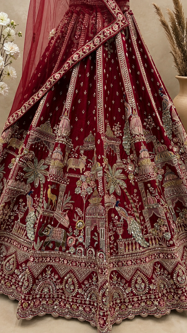 maroon color Multi thread Embroidery Dori Work with Zari Sequins silk blend Lehenga Choli set