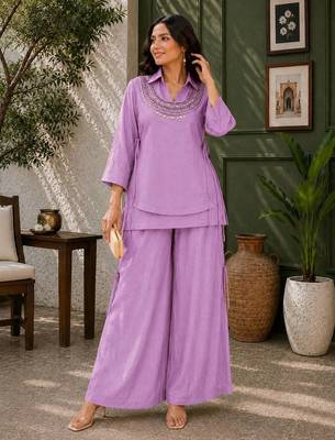 lavender color beads and siquence work silk blend salwar suit  1