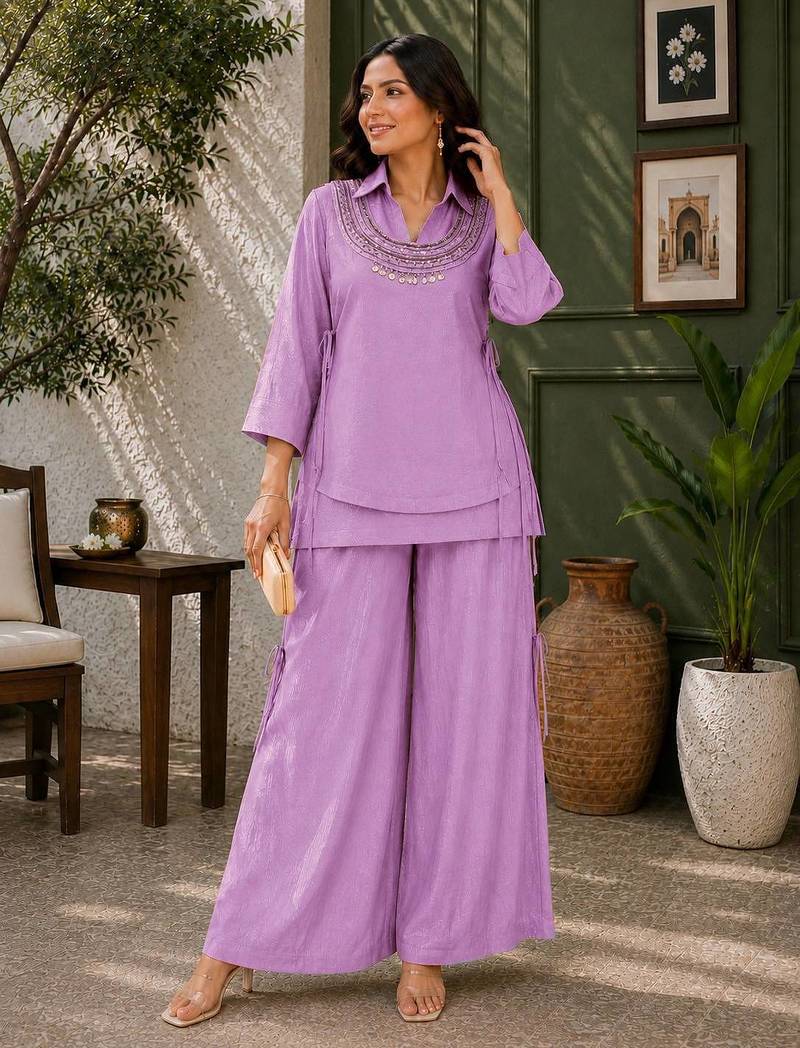lavender color beads and siquence work silk blend salwar suit 