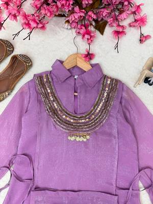 lavender color beads and siquence work silk blend salwar suit  2