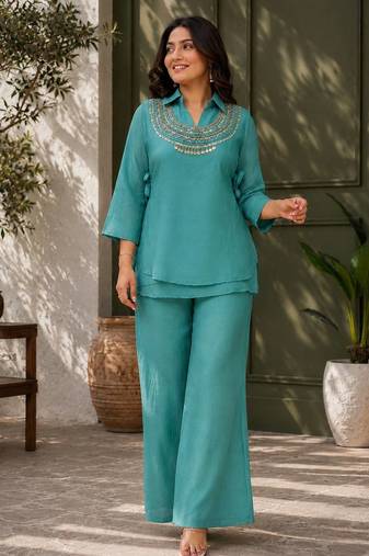 sky blue color beads and siquence work silk blend salwar suit 