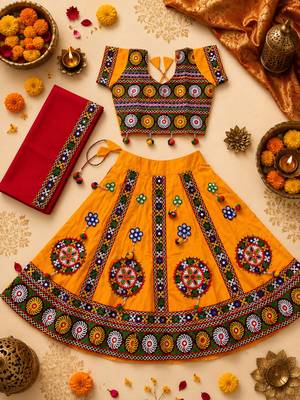 Yellow kutch work embroidered cotton mirrorwork chaniya choli set with dupatta 1