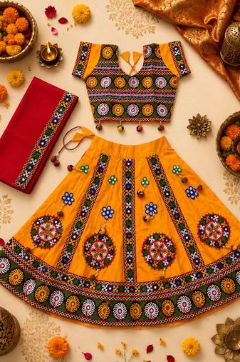 Yellow kutch work embroidered cotton mirrorwork chaniya choli set with dupatta