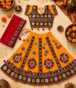 Yellow kutch work embroidered cotton mirrorwork chaniya choli set with dupatta