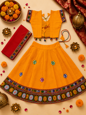 Yellow kutch work embroidered cotton mirrorwork chaniya choli set with dupatta 2